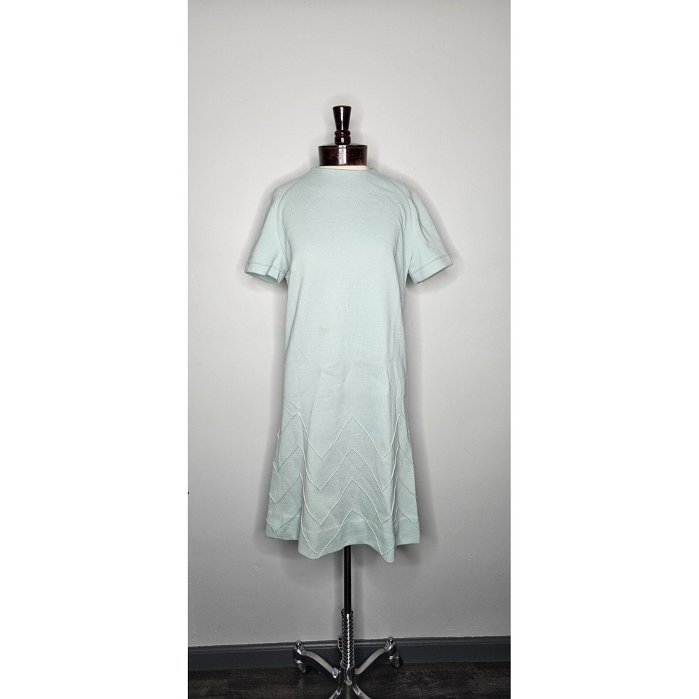 Vintage 60s 70s Dalton Robins Egg Blue Zig Zag Shift Dress Size L